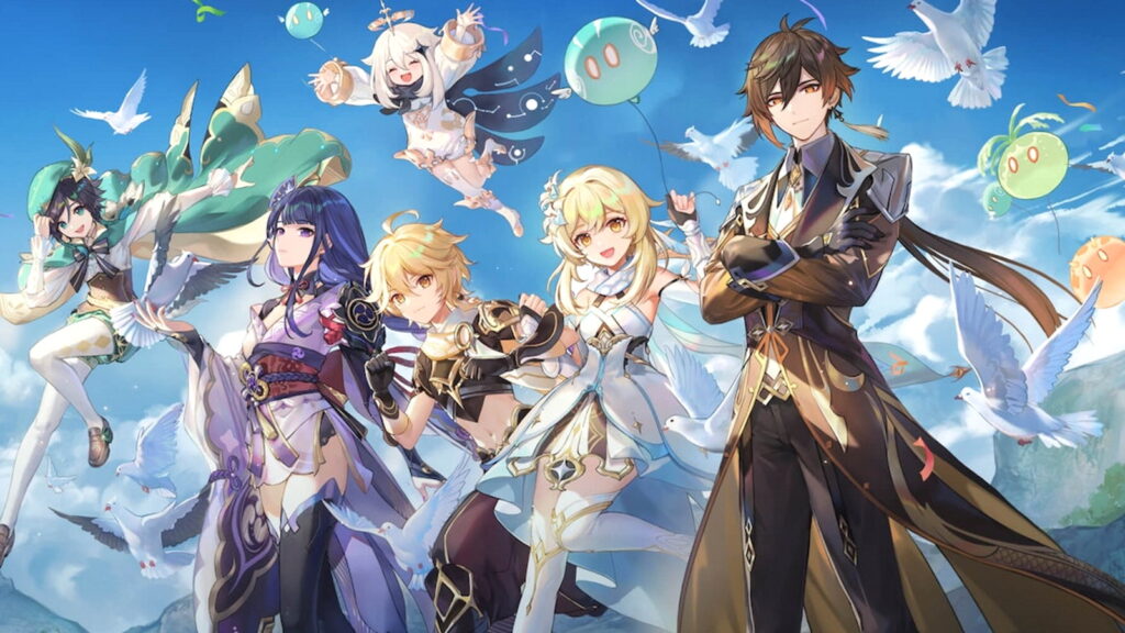 ภาพตัวละครจาก Genshin Impact ในโลกแฟนตาซี พร้อมเอฟเฟกต์พลัง สื่อถึงเกม RPG แจกไอเท็มและ Primogems ฟรี