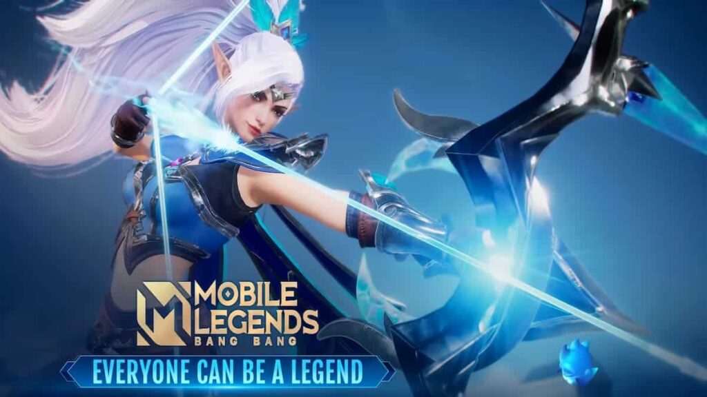 ภาพเกม Mobile Legends แสดงการต่อสู้แบบทีม 5v5 ด้วยตัวละครแนว MOBA และเอฟเฟกต์ทักษะ