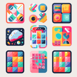 ภาพรวมของเกมมือถือแนวฝึกสมอง เช่น Sudoku, เกมความจำ, เกมลับสมอง บนหน้าจอมือถือ มีภาพกราฟิกเรียบง่ายสไตล์การศึกษา