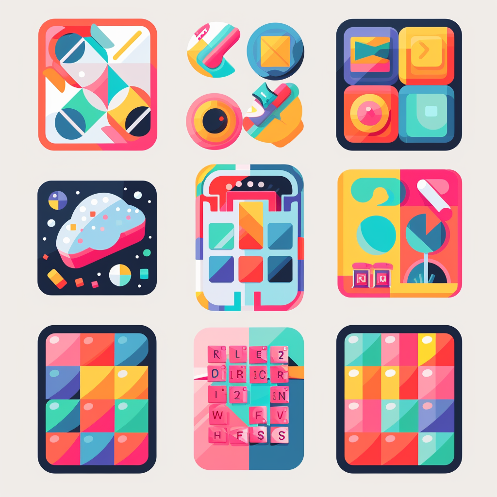 ภาพรวมของเกมมือถือแนวฝึกสมอง เช่น Sudoku, เกมความจำ, เกมลับสมอง บนหน้าจอมือถือ มีภาพกราฟิกเรียบง่ายสไตล์การศึกษา
