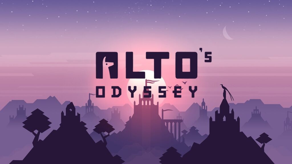 ภาพจากเกม Alto's Odyssey แสดงการเล่นสโนว์บอร์ดในทะเลทรายยามเย็น