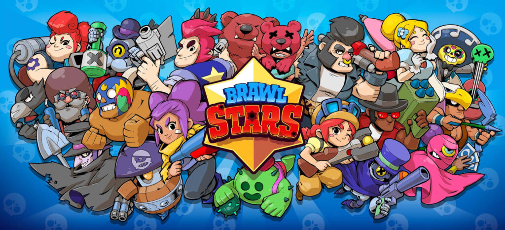 ภาพเกม Brawl Stars แสดงฉากต่อสู้แบบ 3v3 พร้อมตัวละครและเอฟเฟกต์แอคชั่น
