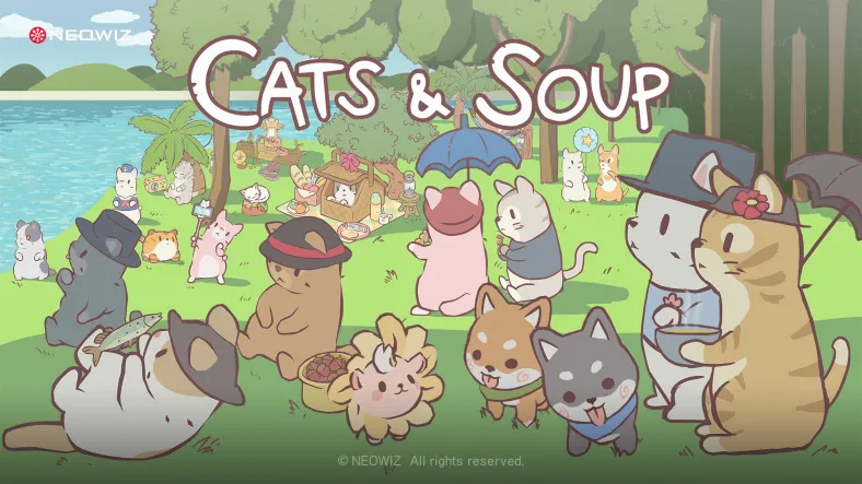 ภาพเกม Cats & Soup แสดงแมวตัวน้อยกำลังทำอาหารในป่าสุดมินิมอล