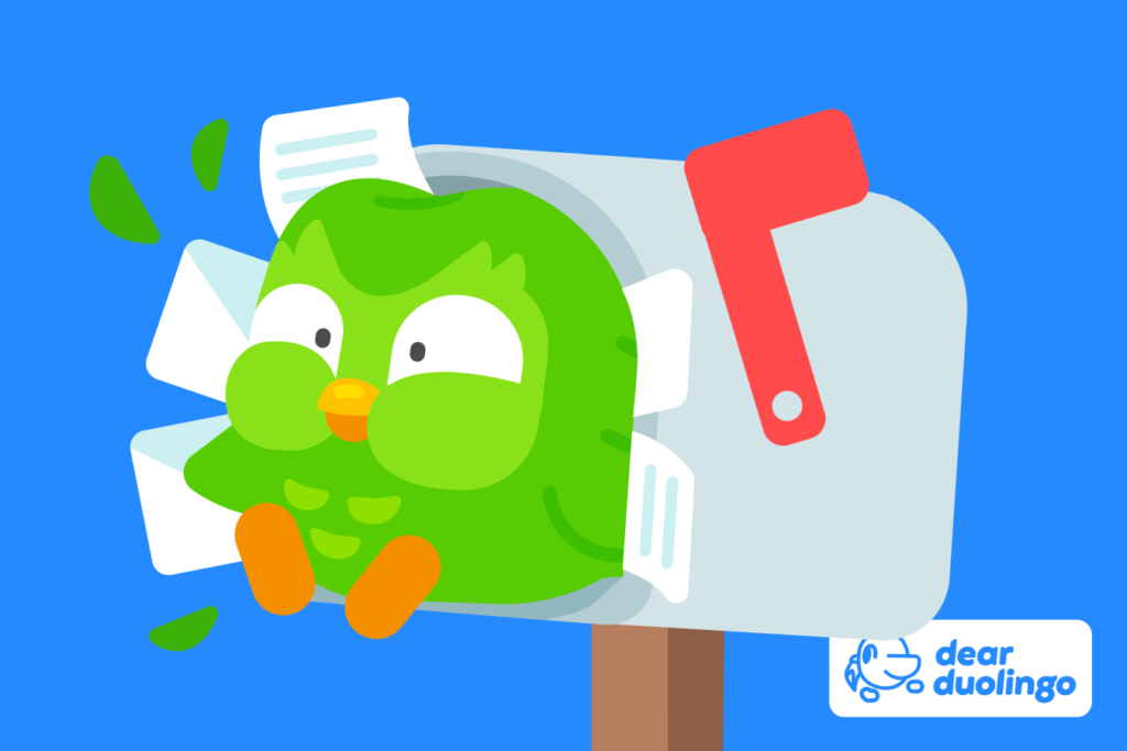 ภาพจากแอป Duolingo แสดงหน้าการฝึกแบบเลือกคำตอบในสไตล์การ์ตูน