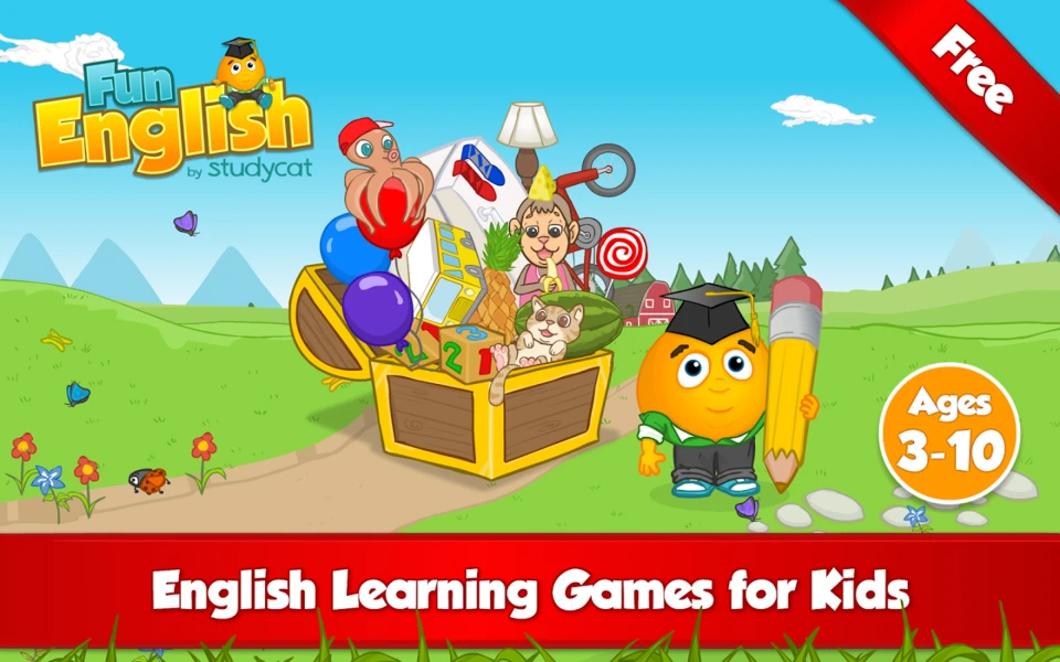 ภาพเกม Fun English แสดงกิจกรรมการเรียนรู้แบบน่ารักสำหรับเด็ก