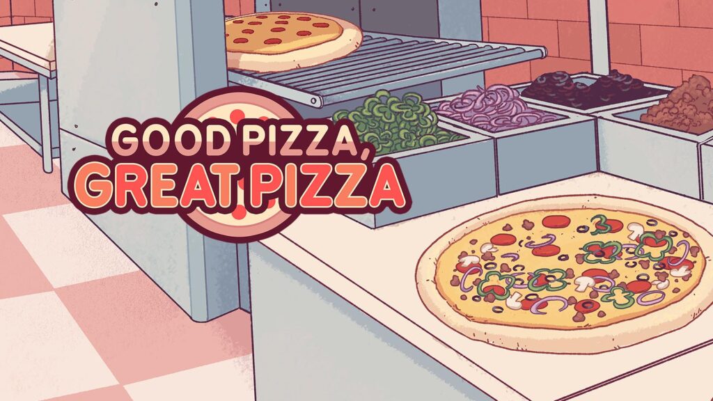 ภาพเกม Good Pizza แสดงร้านพิซซ่าแบบการ์ตูน พร้อมเมนูจากลูกค้า