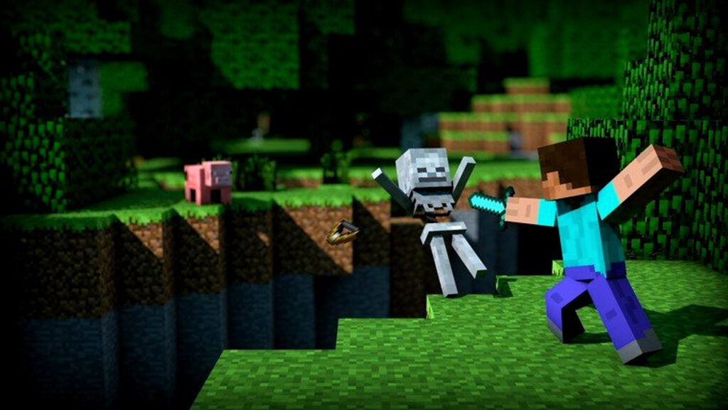 ภาพจากเกม Minecraft แสดงโลกบล็อกสามมิติ พร้อมตัวละครขุดเหมืองและสร้างบ้านในโหมดออฟไลน์