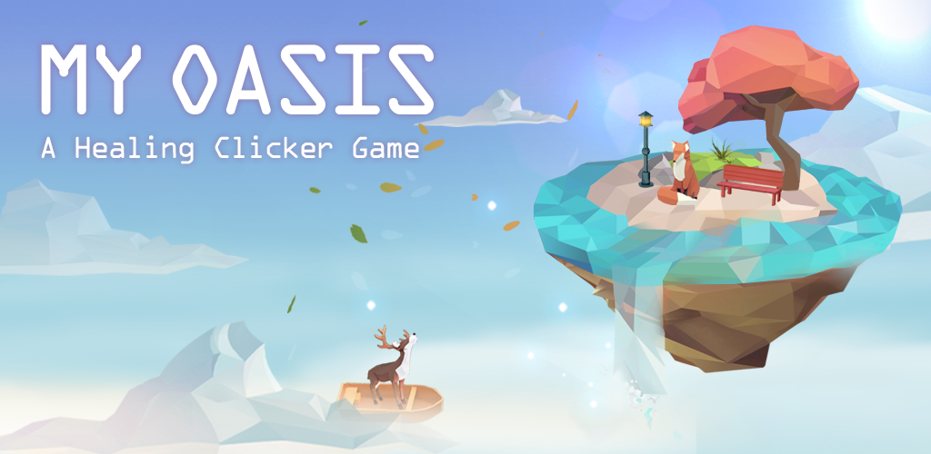 ภาพเกม My Oasis แสดงเกาะลอยกลางฟ้าสไตล์เรียบง่าย นุ่มนวล