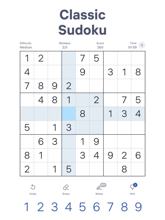 ภาพเกม Sudoku แสดงหน้าตารางพร้อมตัวเลขแบบเรียบง่าย เหมาะสำหรับฝึกตรรกะ